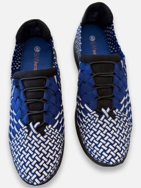 bernie mev. Blue and White Woven Slip-On Sneakers